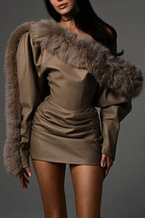 sibyl Leather fur collar asymmetrical mini dress in brown
