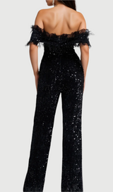 off-shoulder sequin jumpsuit in black