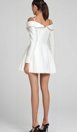 off-shoulder pleated trim mini dress in white