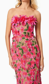 3D flower embroidery strapless midi dress in rose red