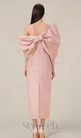 OFF SHOULDER RUCHED MIDI DRESS IN PINK