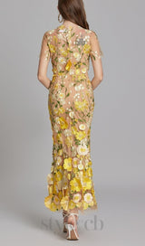 FLORAL EMBROIDERY MESH FISHTAIL MIDI DRESS IN YELLOW