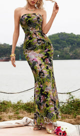 STRAPLESS FLORAL SEQUIN MAXI DRESS