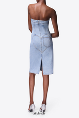 flower corsage strapless midi dress in light wash blue