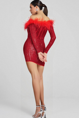 RED LONG SLEEVE FEATHERS SEQUIN DRESS