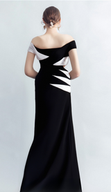 KORINA OFF SHOULDER CUTOUT HIGHSLIT DRESS IN BLACK