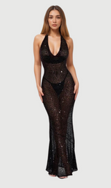 BARBARA HALTER SEQUIN MAXI DRESS IN BLACK
