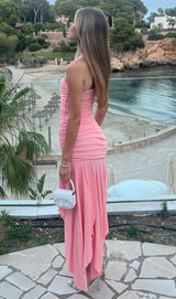STRAPLESS RUCHED FISHTAIL SLIT DRESS