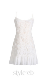 FLORAL APPLIQUÉ PLEATED HEM MINI DRESS IN WHITE