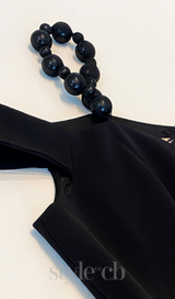 AMY LACE V-NECK PEARL STRAP MIDI MIDI DRESS IN BLACK