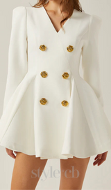 gold-button pleated peplum-hem white blazer dress