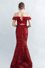 RED OFF-SHOULDER SEQUIN DRESS