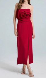 michelle 3d flower strapless midi dress in red
