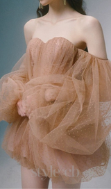 winni strapless mesh mini dress in kahki