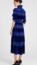 HOLLOW PATCHWORK VELVET DRESS IN BLUE
