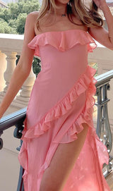 STRAPLESS RUFFLE MAXI DRESS IN PINK