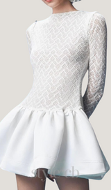 Lace Patchwork Puff Mini Dress in white