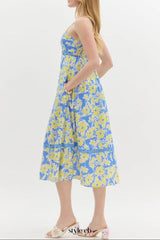 wallis floral print hollow midi dress in blue