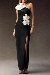 black heloise Flowers Slit One Shoulder Bandage Maxi Dress