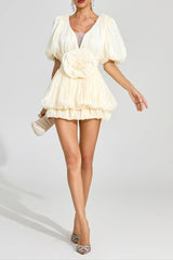 eartha Apricot 3d flower Organza Pleated Mini Dress