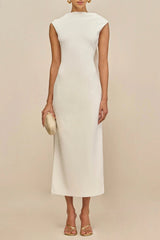 white sleeveless backless knit midi dress with two pleated golden embellishments
