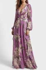phoenix v-neck floral print puff sleeve maxi dress in purple
