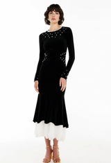 zona black Beaded irregular hem velvet fishtail maxi dress