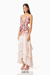 Perla Irregular floral print maxi dress in pink red