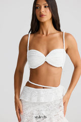 crafted rope crop top lace skirt set in white