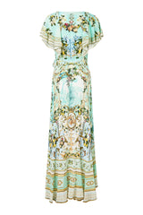 green-multi Printed ruffled V-neck irregular hem silk maxi dress