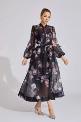 tiffany black floral Printed puff sleeve Maxi Dress