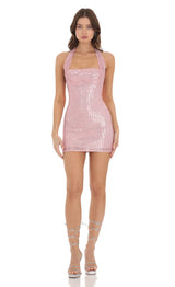 virginia Sequin Halter backless mini Dress in Pink