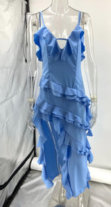 RUFFLE CUT OUT ASYMMETRIC MAXI DRESS - Blue
