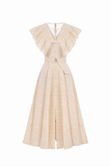 sally Ruffled V-neck midi Dress in apricot