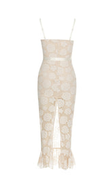 WHITE FLORAL EMBELLISHED LACE BODYCON MAXI DRESS