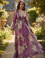 phoenix v-neck floral print puff sleeve maxi dress in purple