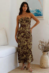 print satin maxi dress in brown