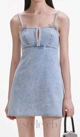 Light Blue Denim Pearl Mini Dress