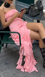 STRAPLESS RUFFLE MAXI DRESS IN PINK