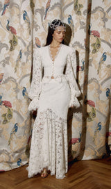 emily Lace Trimmed Puff Sleeved Top & Fishtail Skirt Set in white