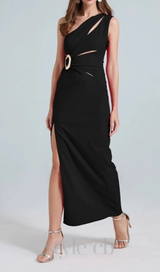 one-shoulder cutout side slit maxi dress in black