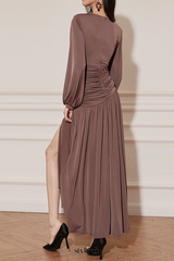pleated cutout chiffon maxi dress in pale brown
