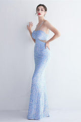 MARIAN BLUE CUTOUT SEQUINS HALTER MAXI DRESS