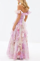 helen Floral Frill Off-Shoulder Maxi Dress in pink