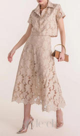 guipure mesh midi skirt cropped set in apricot