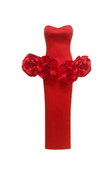 red strapless maxi dress with flower embellishments
