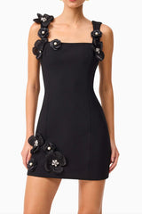 3D Flower Diamond embellished mini dress in black