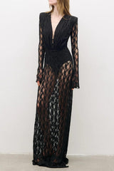 gwendolyn v neck hollow long sleeve lace maxi dress in black