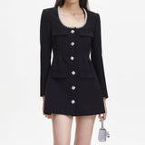 viola black Square Neck Rhinestone Pleated Mini Dress