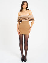 Turmeric Off Shoulder Fur Trim Mini Dress